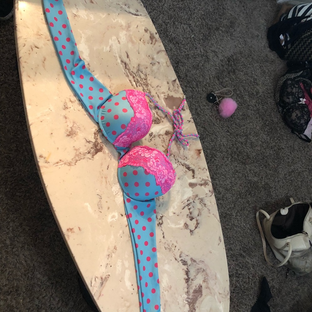 Beach Bunny Aqua Polka Dot Bikini with Hot Pink Lace Trim - Picture 6 of 8